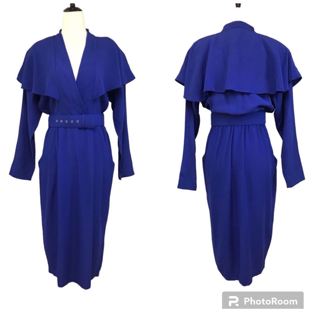 VINTAGE 80s Royal Blue Golden Girls Dress Big‎ Cape Collar Long Sleeves Size 6